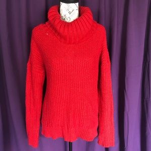 Red cowl neck knit sweater
